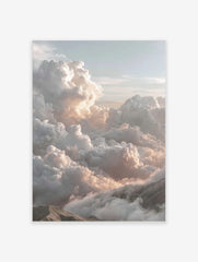 Majestic cumulus clouds with warm light over mountain peaks in a serene cloudscape wall art print