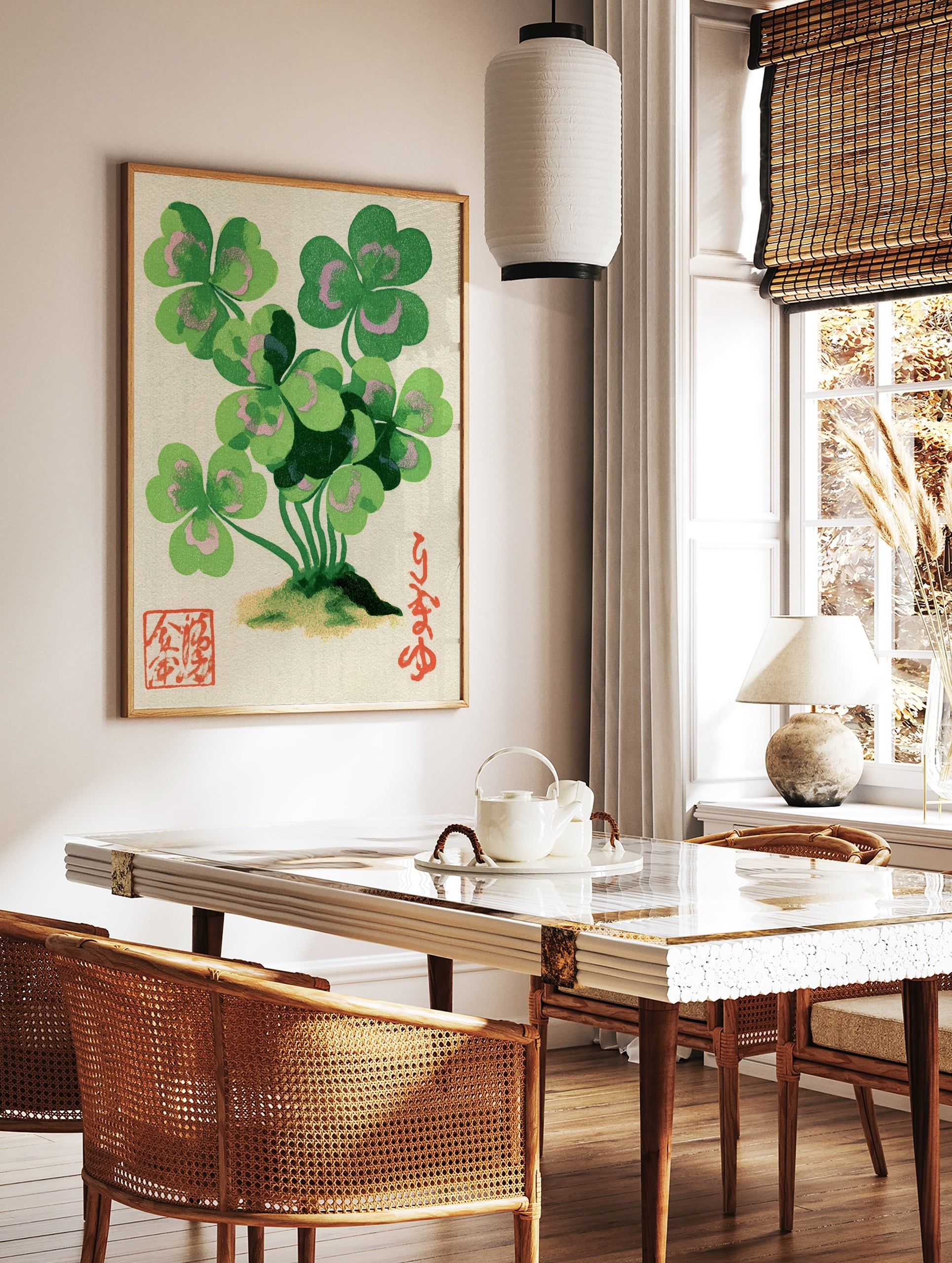 Clover botanical illustration with green leaves and pink accents, Japanese calligraphy, and red, in a styled room mockup