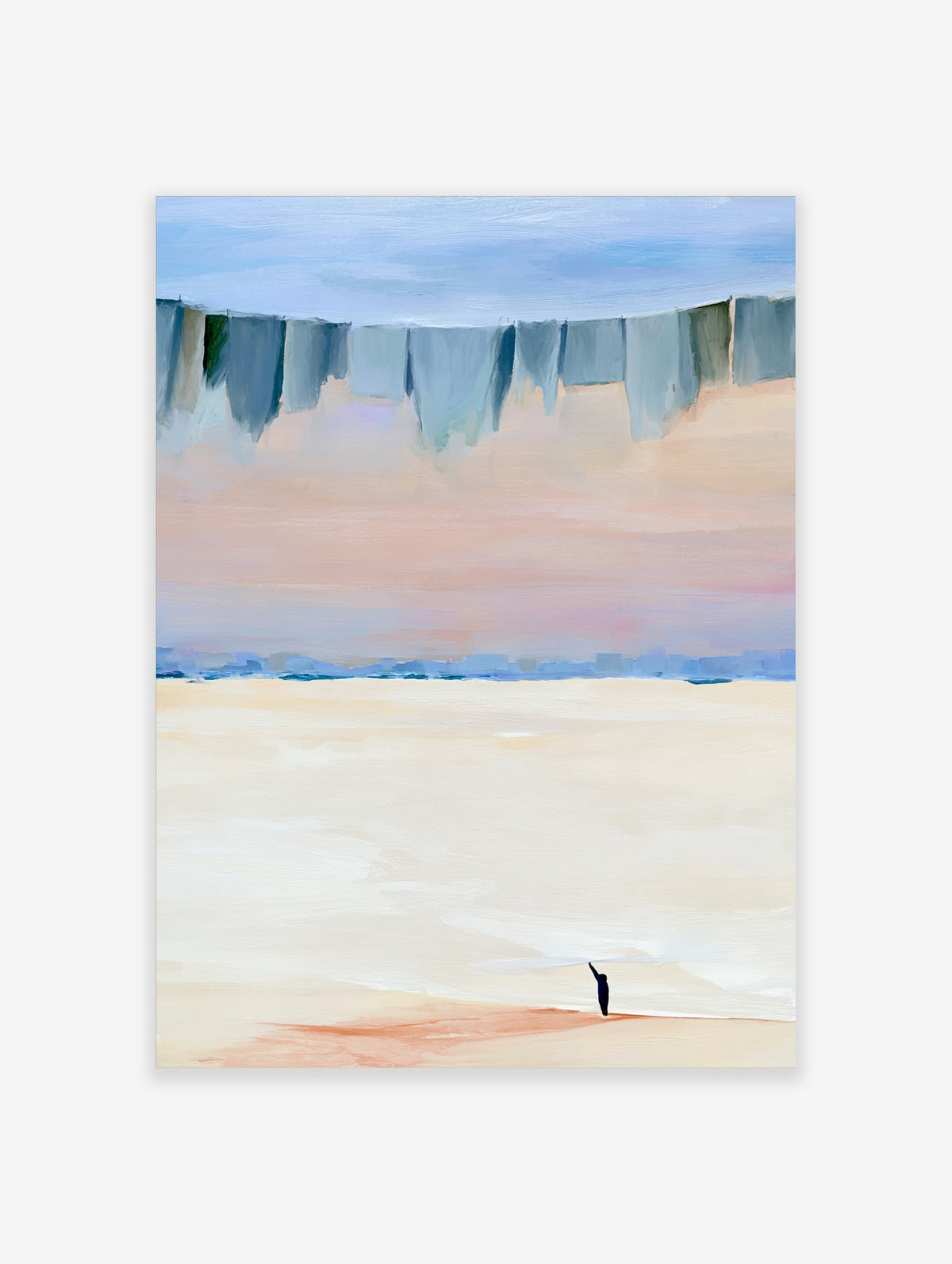 Minimalist coastal abstract art print with small dark figure on pale beach and peach sky
