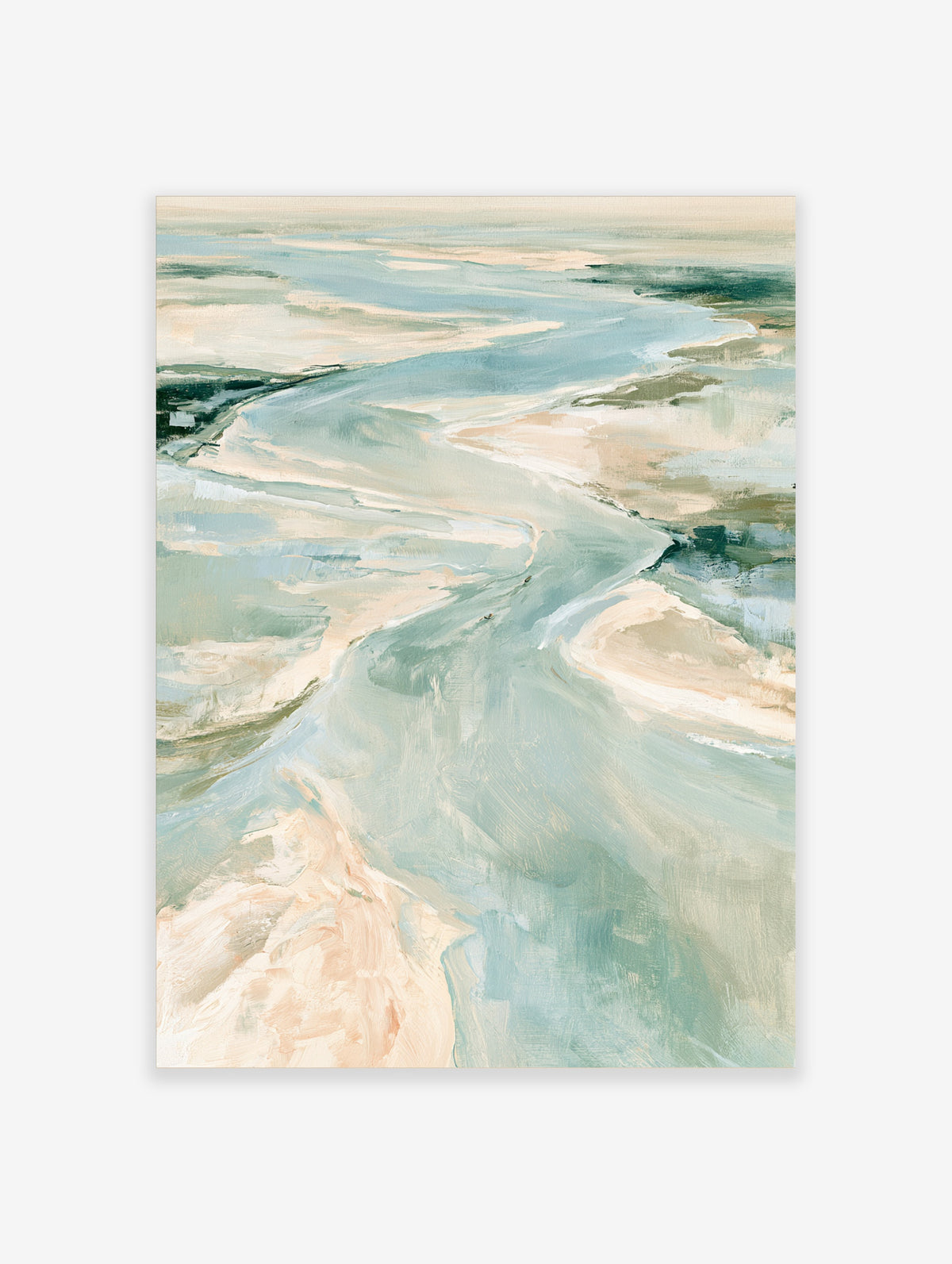 Abstract coastal art print with blue and cream wave brushstrokes