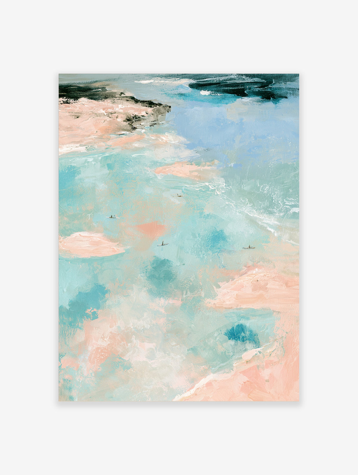 Pastel coastal abstract art print with aerial ocean view, paddleboarders, and peach and teal brushstrokes