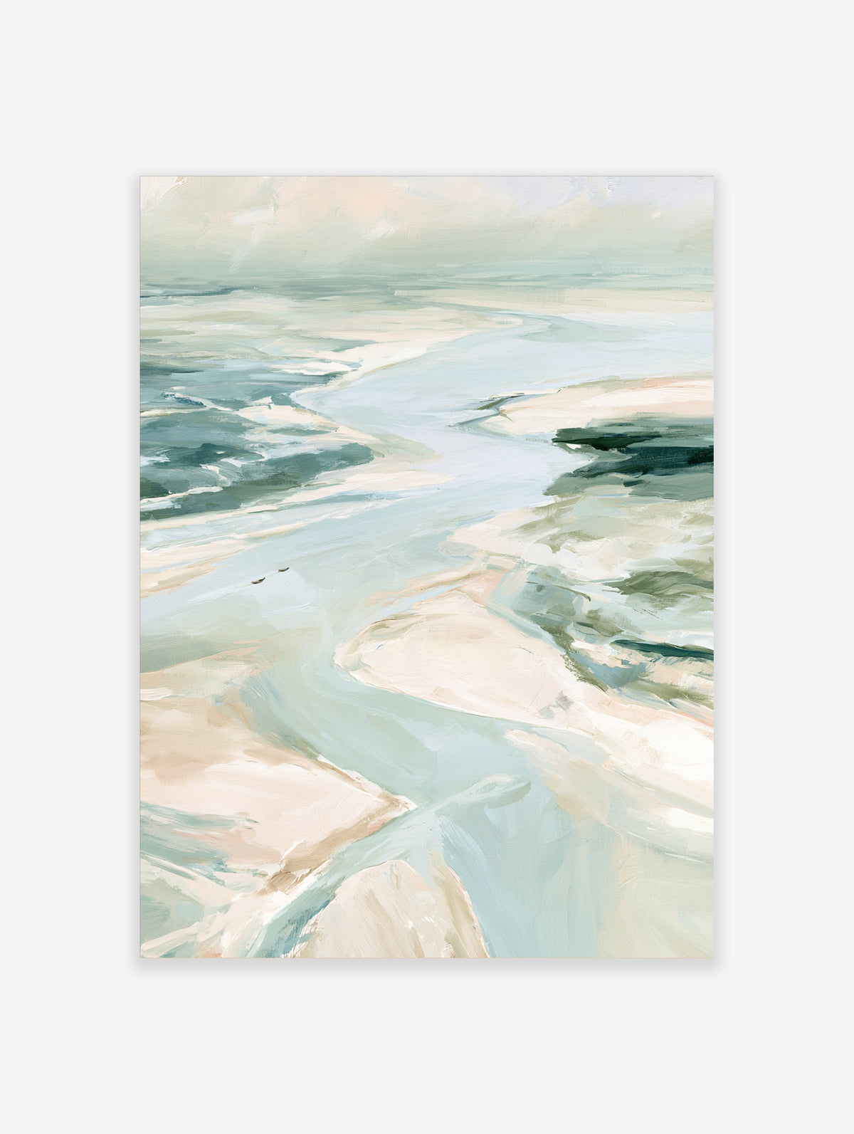 Abstract coastal seascape print with pale blue water channels, cream sandbanks and green tidal pools