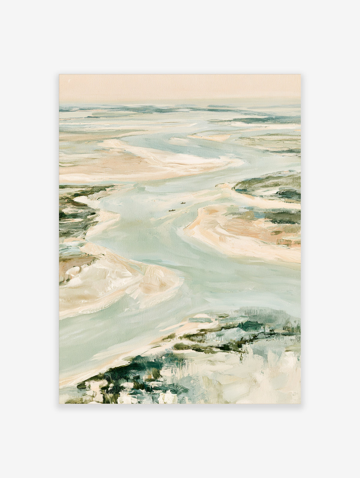 Aerial coastal view art print with pale blue water, sandy shores, and dark green vegetation