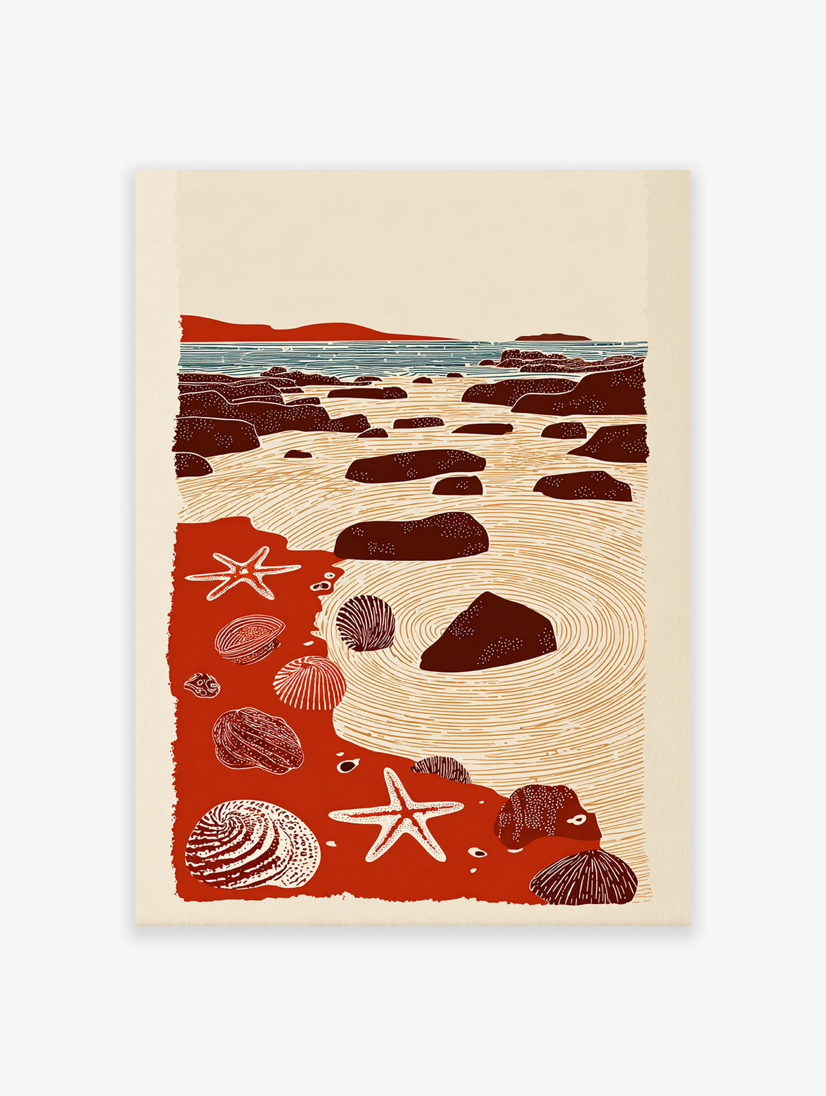Coastal art print depicting a red beach scene with seashells, starfish, and rocks in a tide pool, illustrated style.