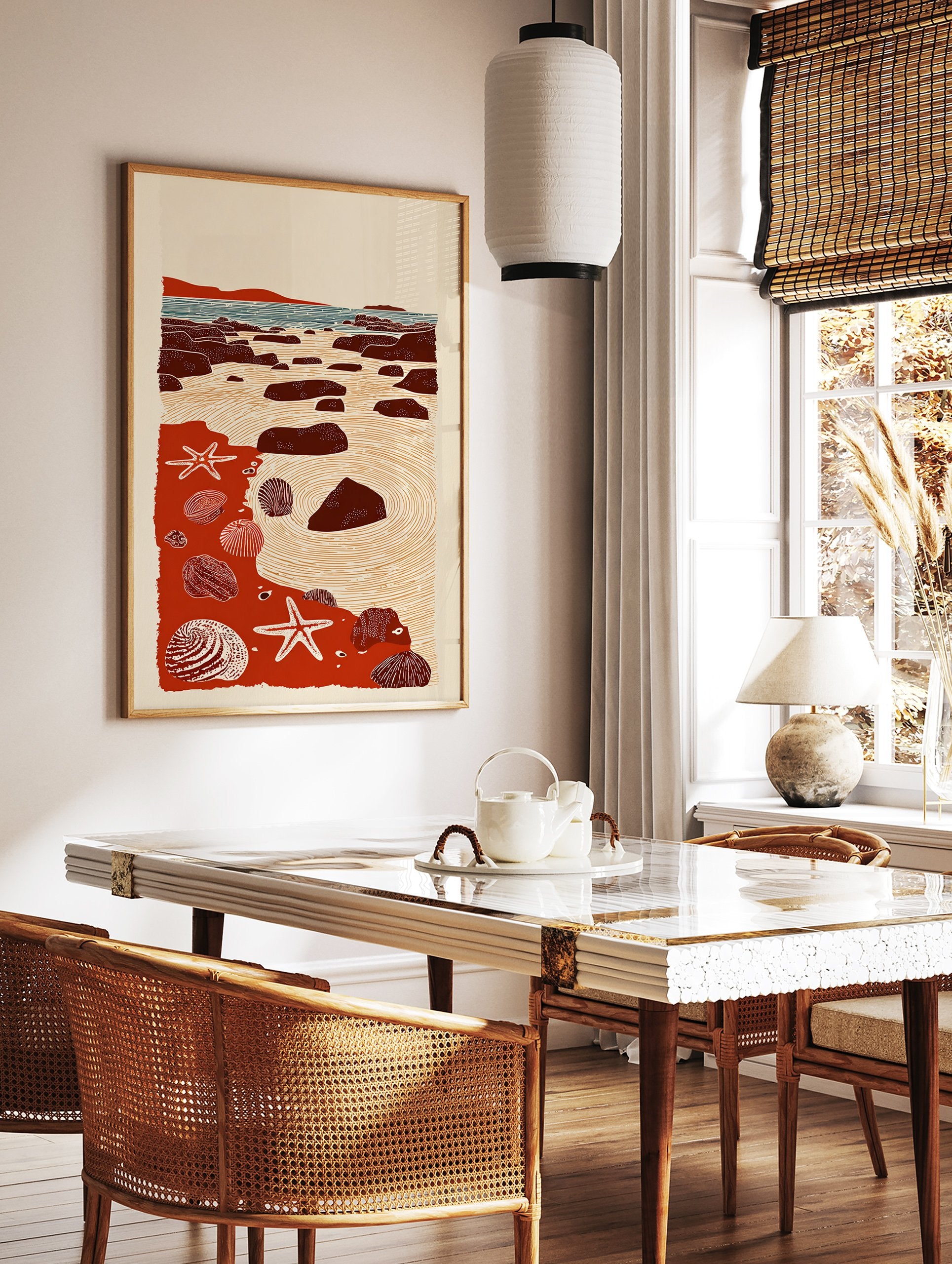 Coastal art print depicting a red beach scene with seashells, starfish, and rocks in a tide pool, illustrated style. - Image 2