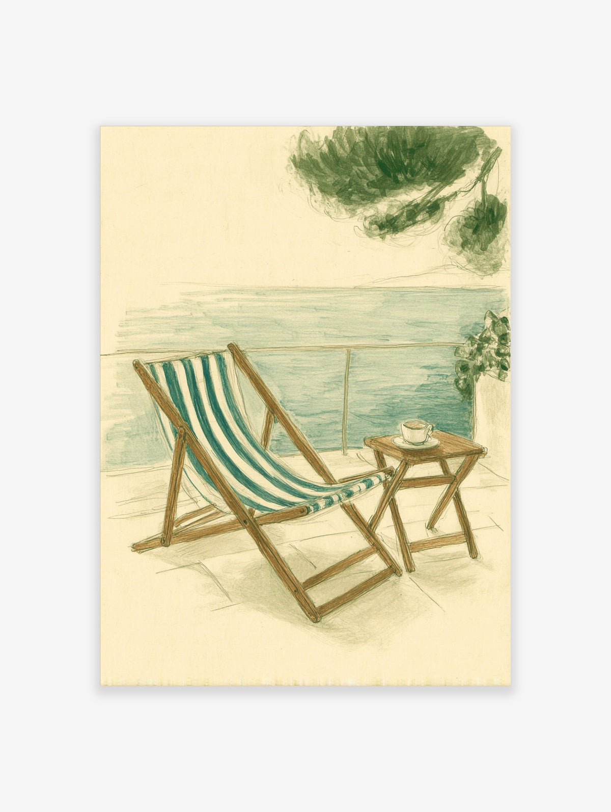 Illustrative coastal scene with striped deck chair, small table with coffee, and sea view from a balcony