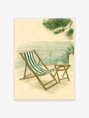 Illustrative coastal scene with striped deck chair, small table with coffee, and sea view from a balcony