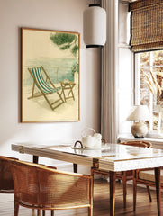 Illustrative coastal scene with striped deck chair, small table with coffee, and sea view from a, in a styled room mockup