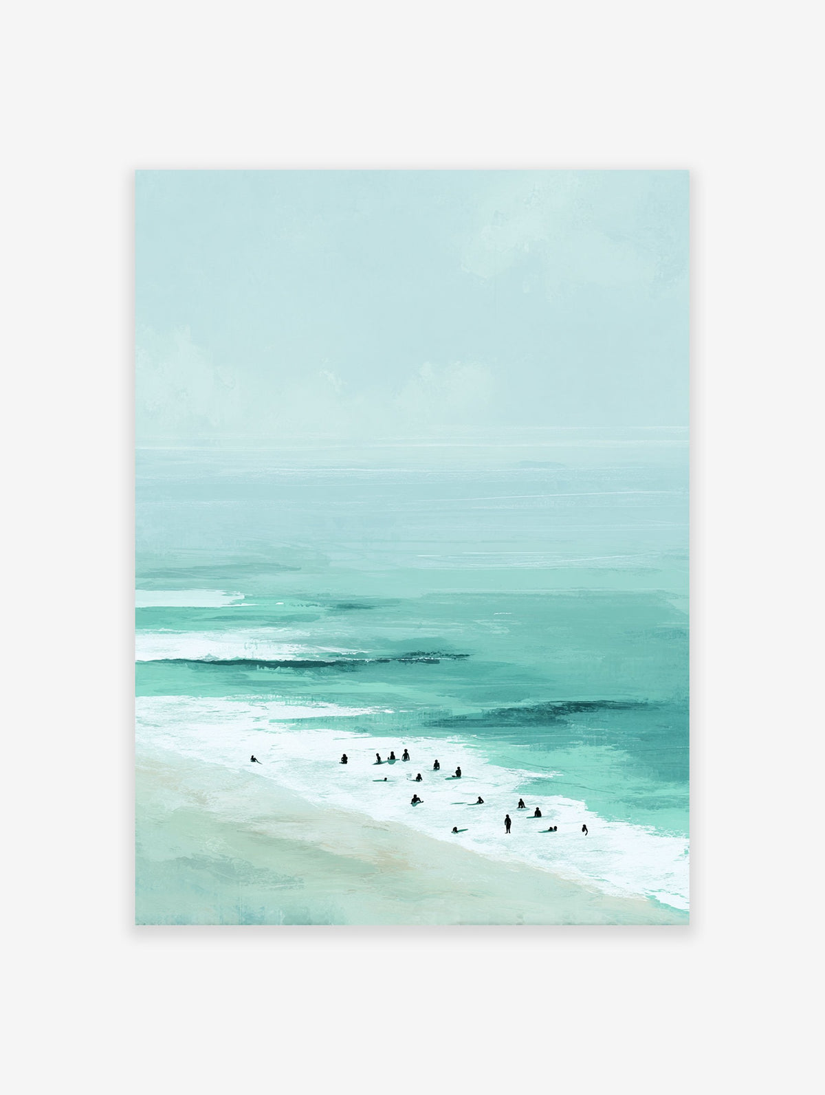 Modern coastal beach poster showing a serene ocean scene with teal waves, sand, and small figures of surfers.