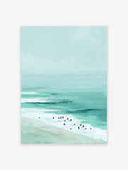 Modern coastal beach poster showing a serene ocean scene with teal waves, sand, and small figures of surfers.