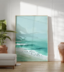 Modern coastal beach poster showing a serene ocean scene with teal waves, sand, and small figures of surfers. - Image 3