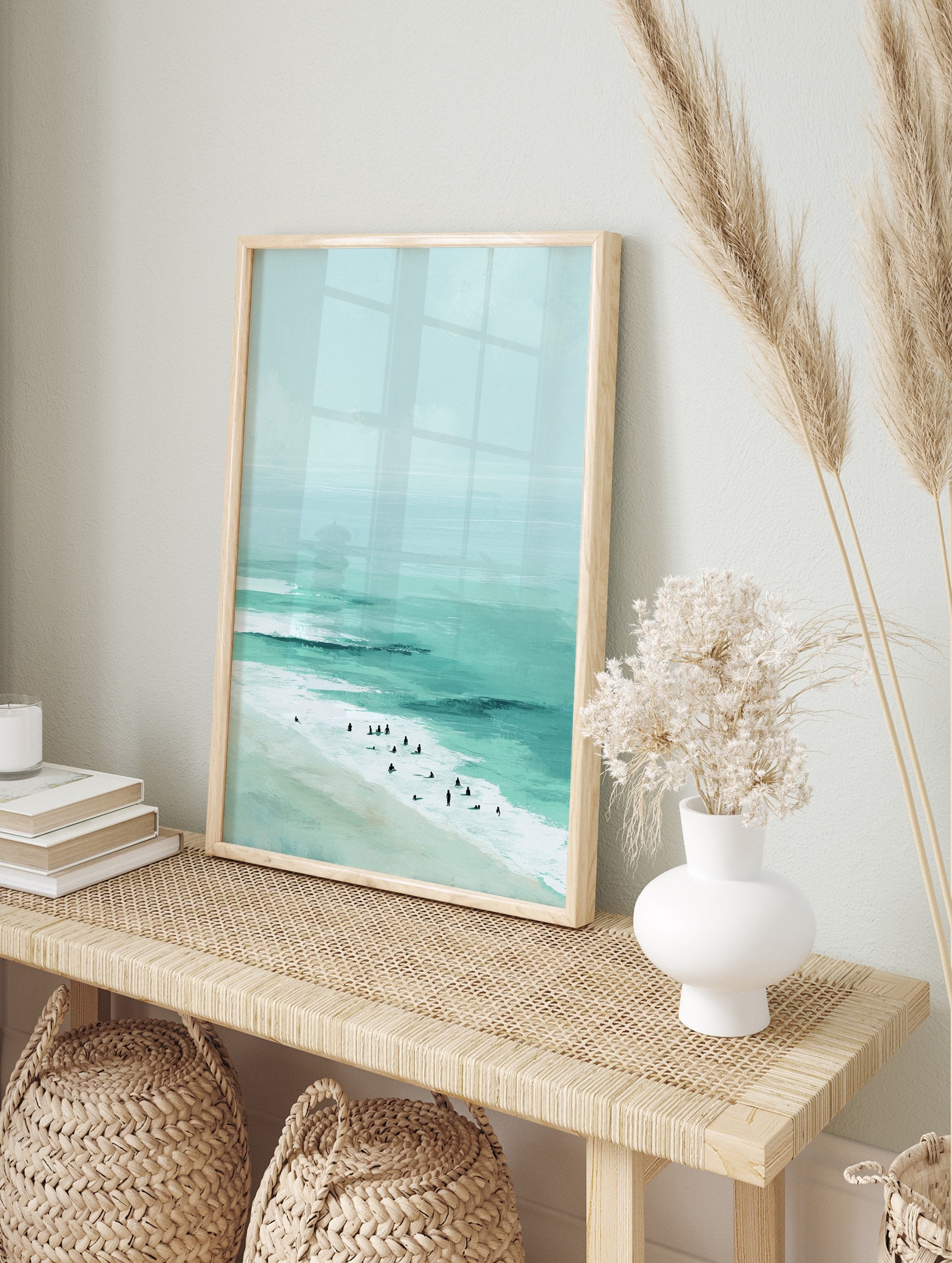 Modern coastal beach poster showing a serene ocean scene with teal waves, sand, and small figures of surfers. - Image 4