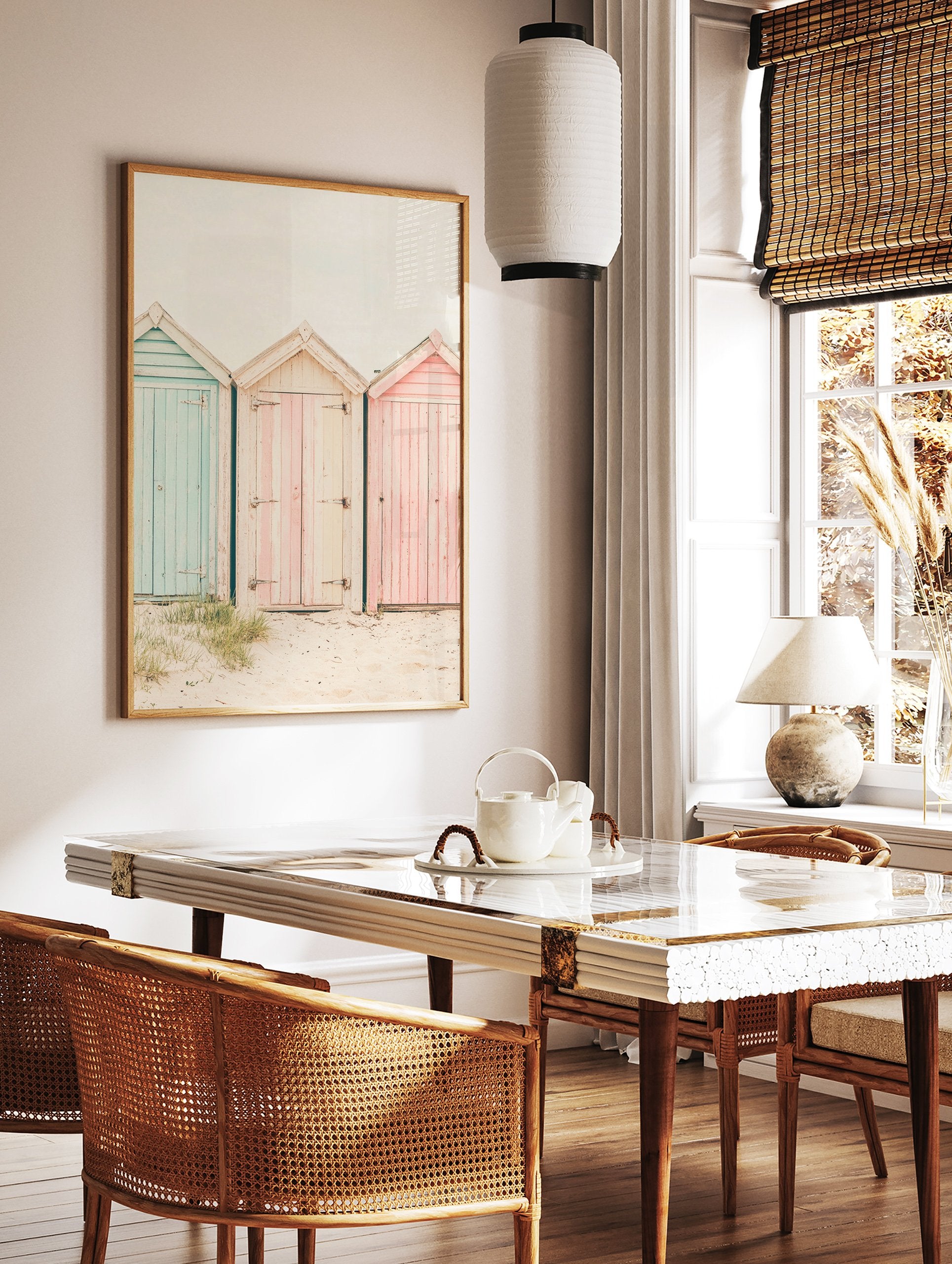 Photography poster of three weathered beach huts in pastel blue, pink, and striped cream on a sandy beach. - Image 2