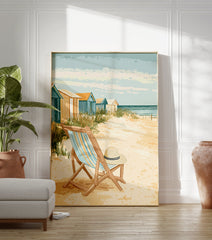 Coastal beach poster featuring a vintage illustration of beach huts, a striped deck chair with a straw hat, and the ocean. - Image 3