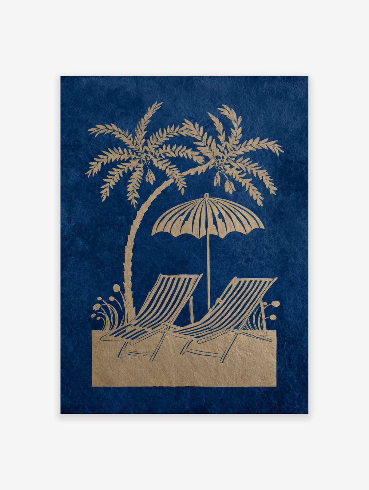 Golden palm tree, beach umbrella, and two striped deck chairs on a blue background in an illustrative print