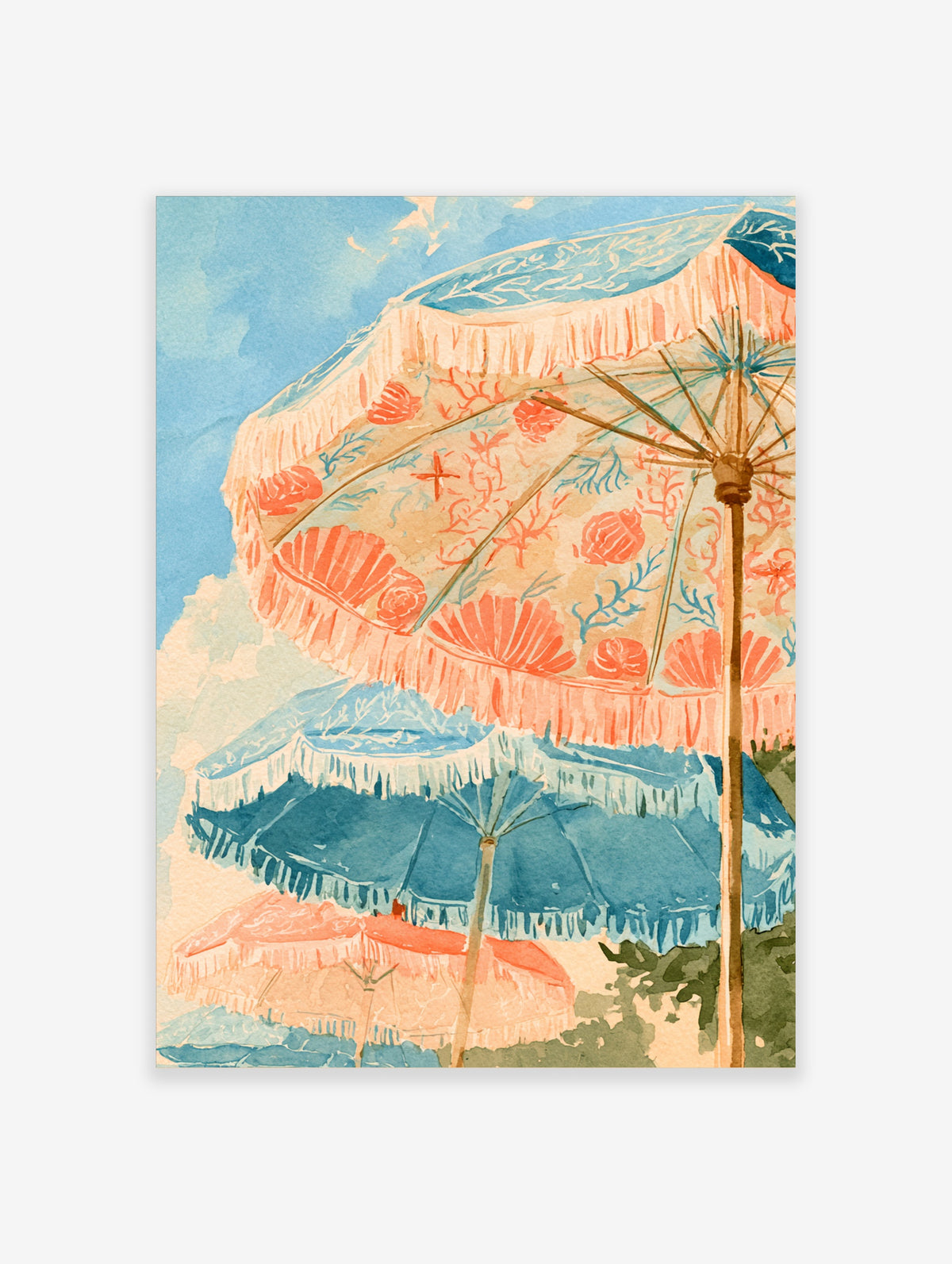 Watercolour beach umbrella art print with coral and blue parasols and shell motifs