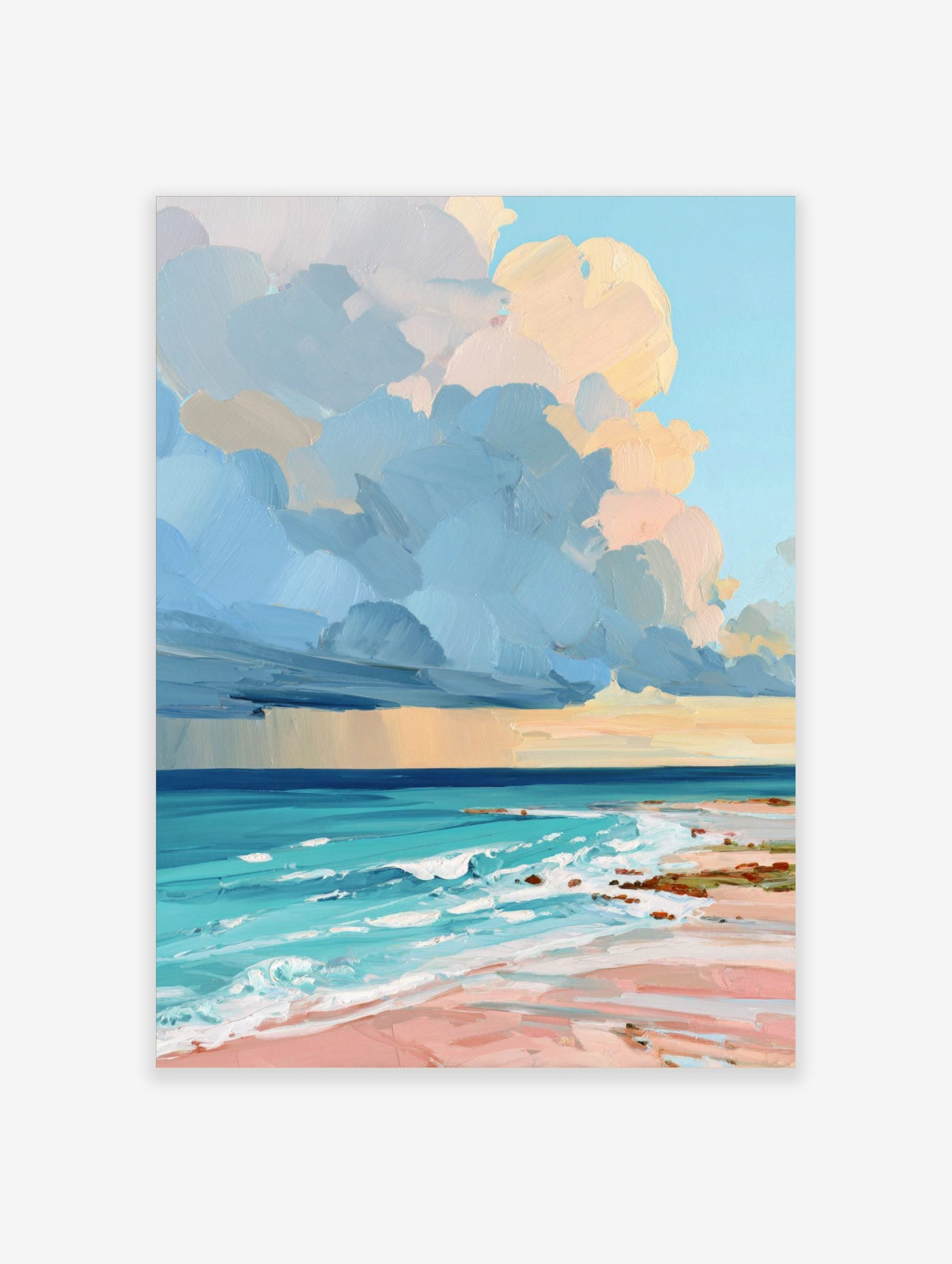 Colourful painterly beach scene art print with blue and peach clouds, turquoise ocean, and pink sand
