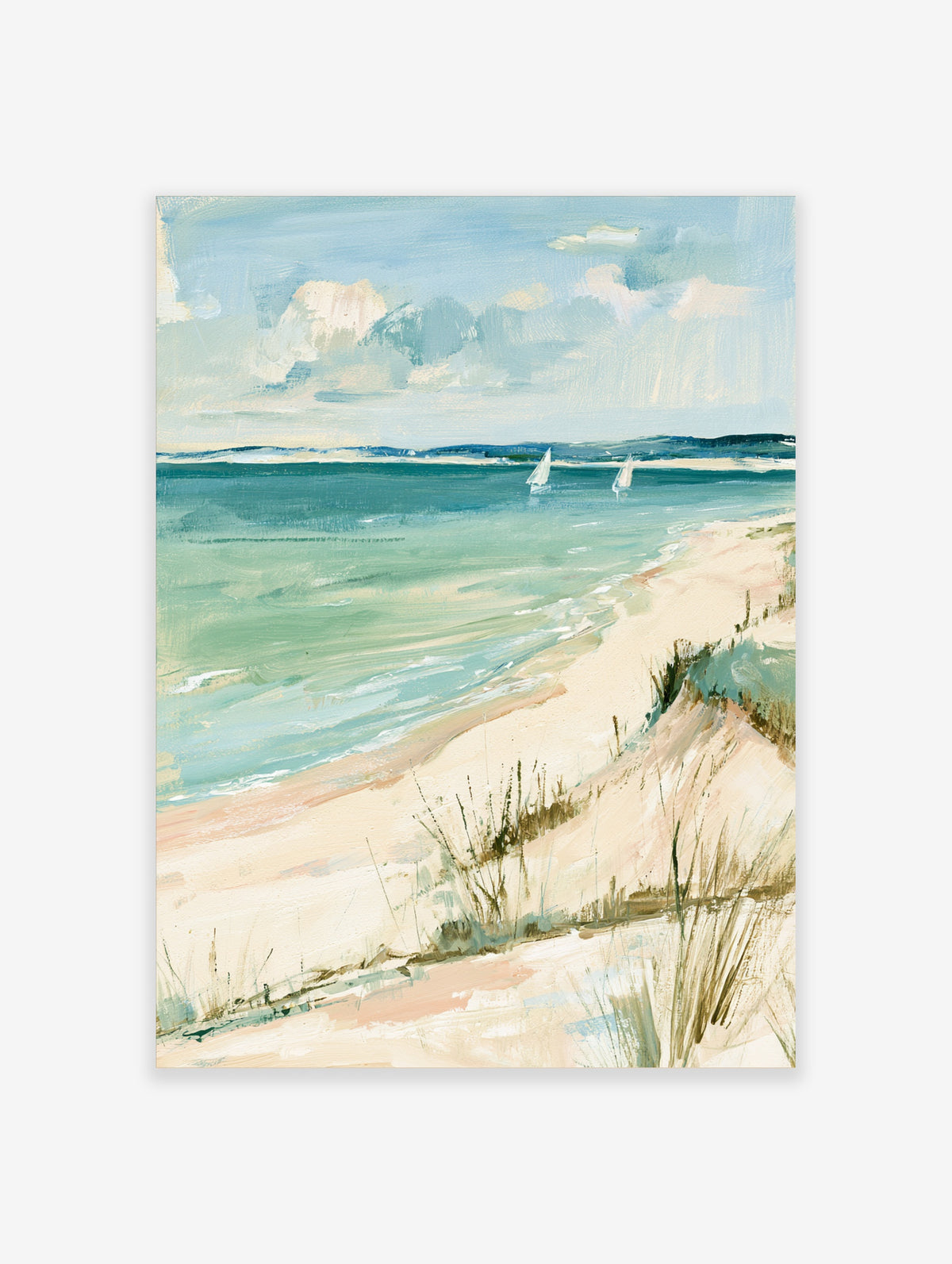 Coastal beach art print with sandy dune, turquoise sea, and two white sailboats under a pale blue sky