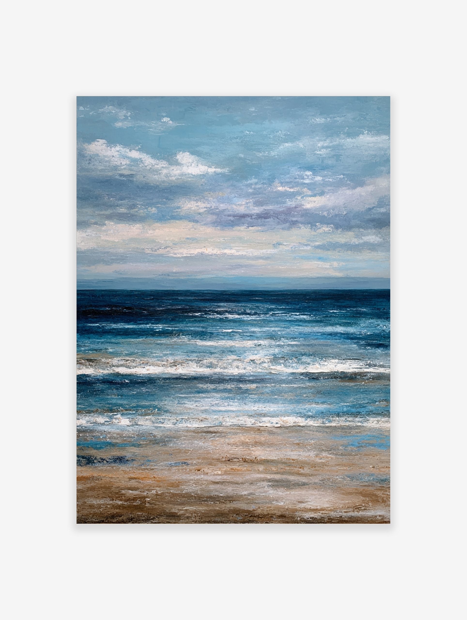 Textured painting of a beach scene with blue ocean waves, white foam, sandy shore, and cloudy sky
