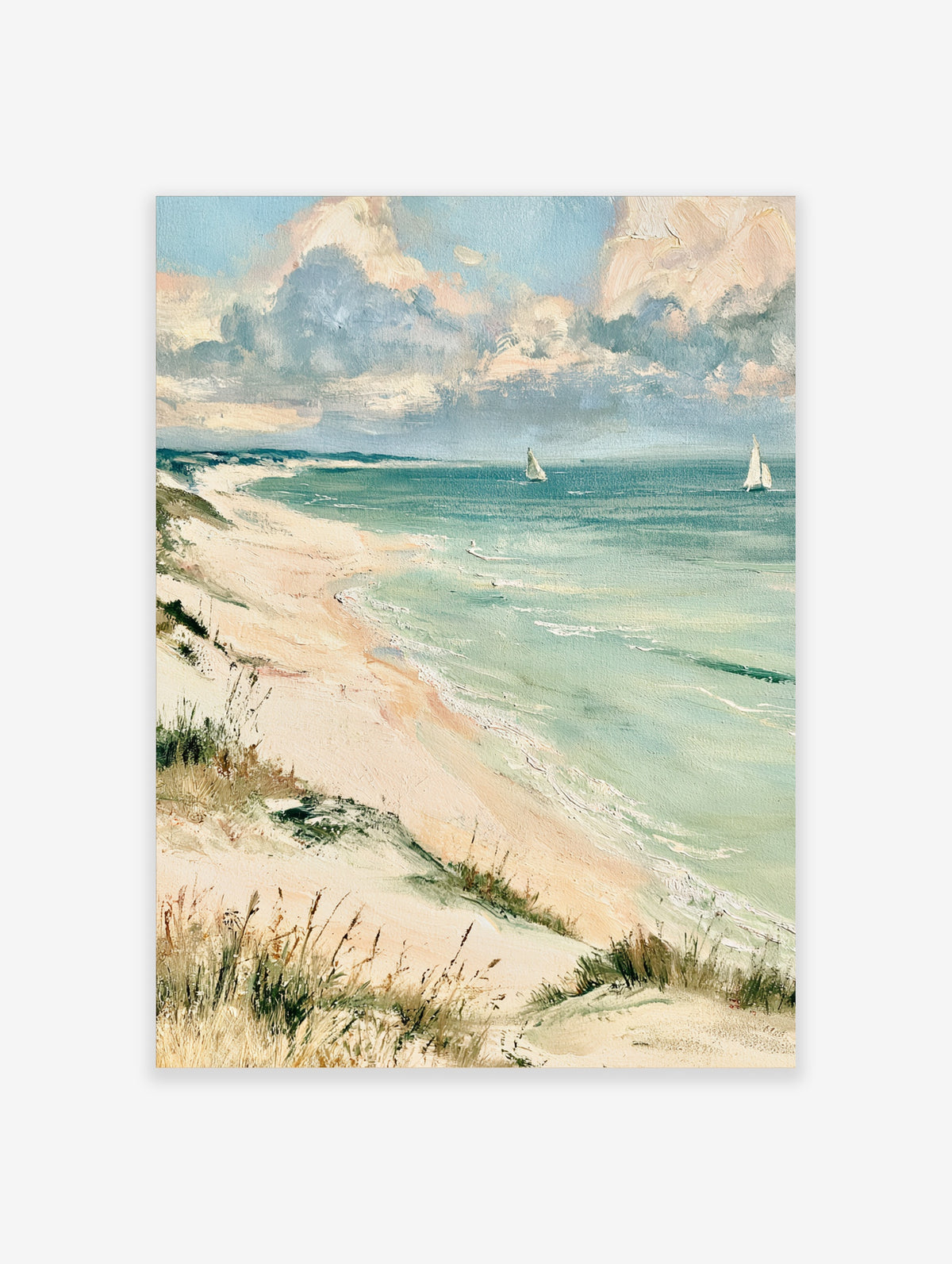 Coastal landscape art print of a sandy beach, turquoise sea, two white sailboats, and pastel clouds