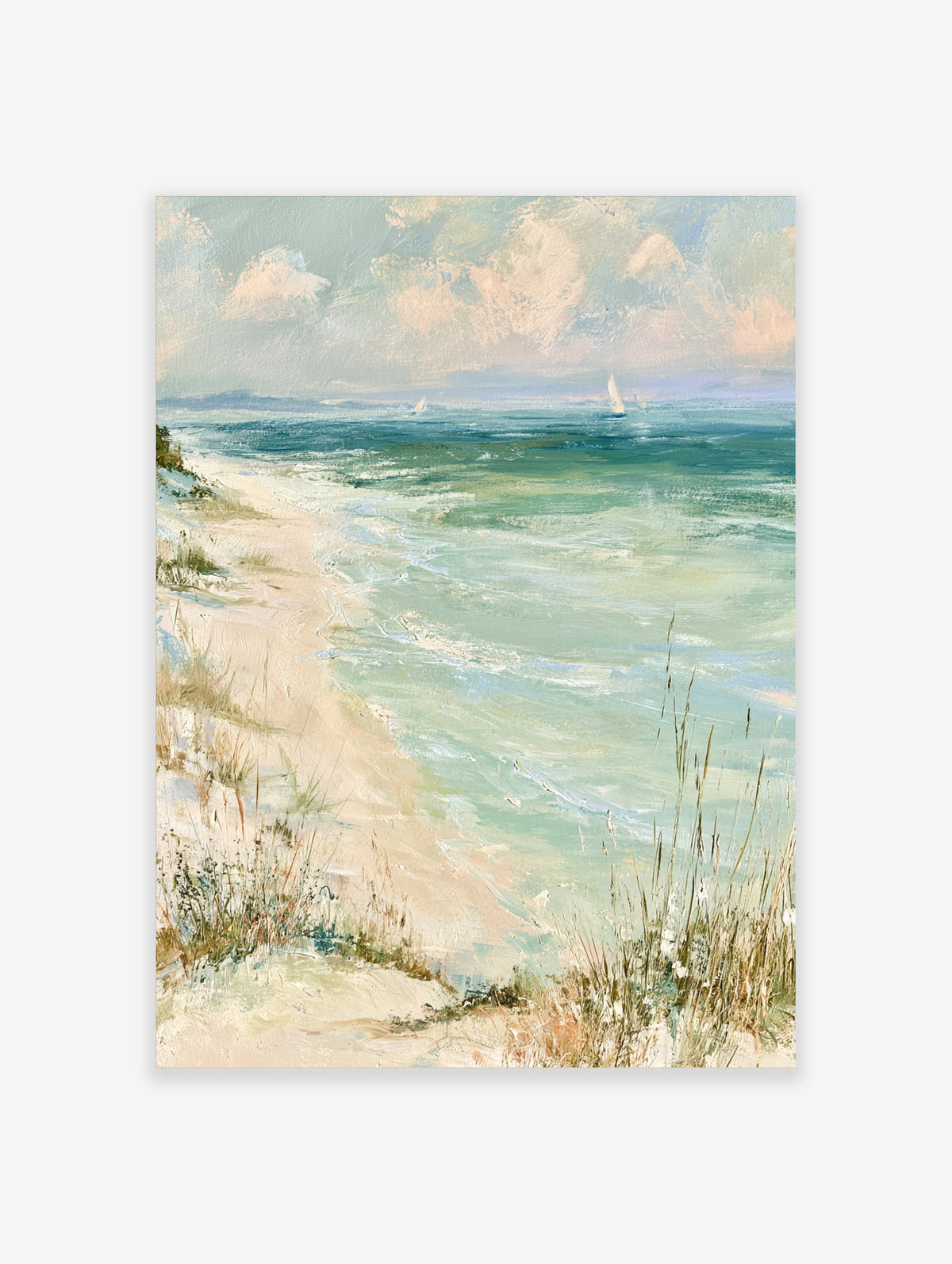 Coastal beach art print with sandy shore, dune grasses, turquoise sea, and sailboats on the horizon