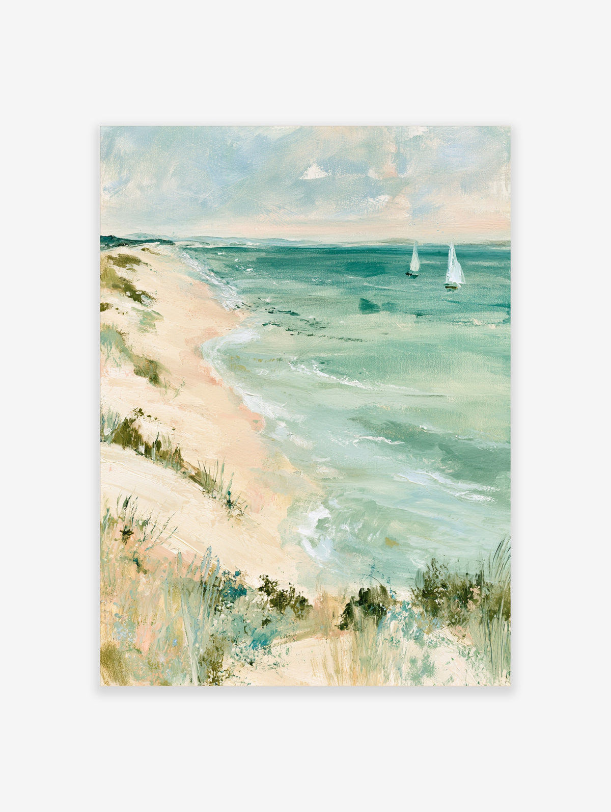 Coastal beach art print with sandy shore, turquoise waves, and two white sailboats on the horizon