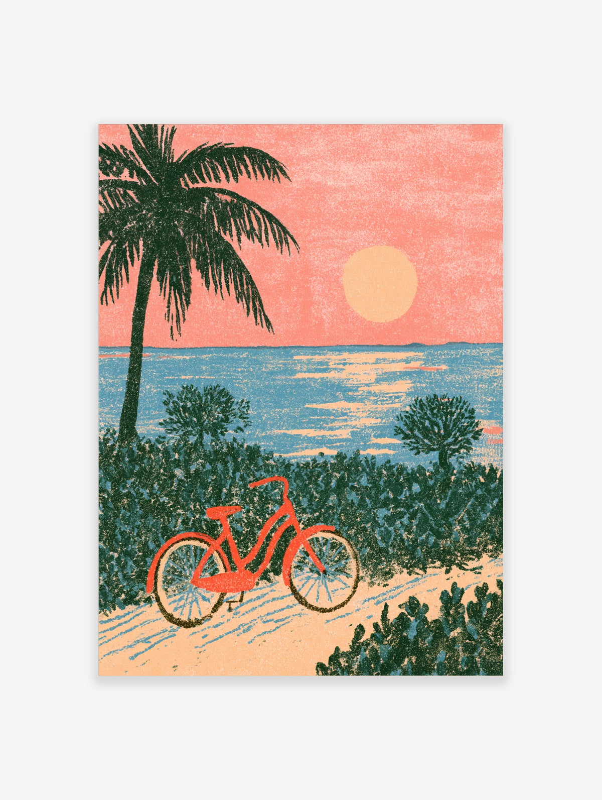 Retro coastal poster of a coral bicycle, palm tree, and peach sun over a blue sea