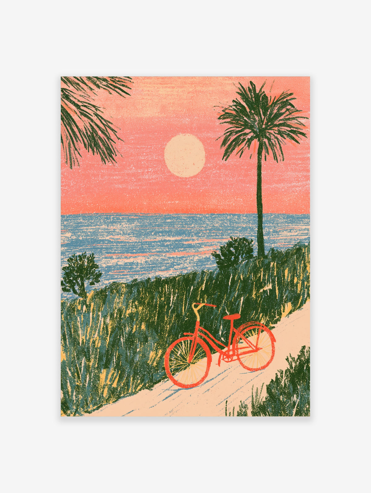 Retro coastal bicycle poster with red bike on sandy path, palm tree, and orange sunset over blue sea