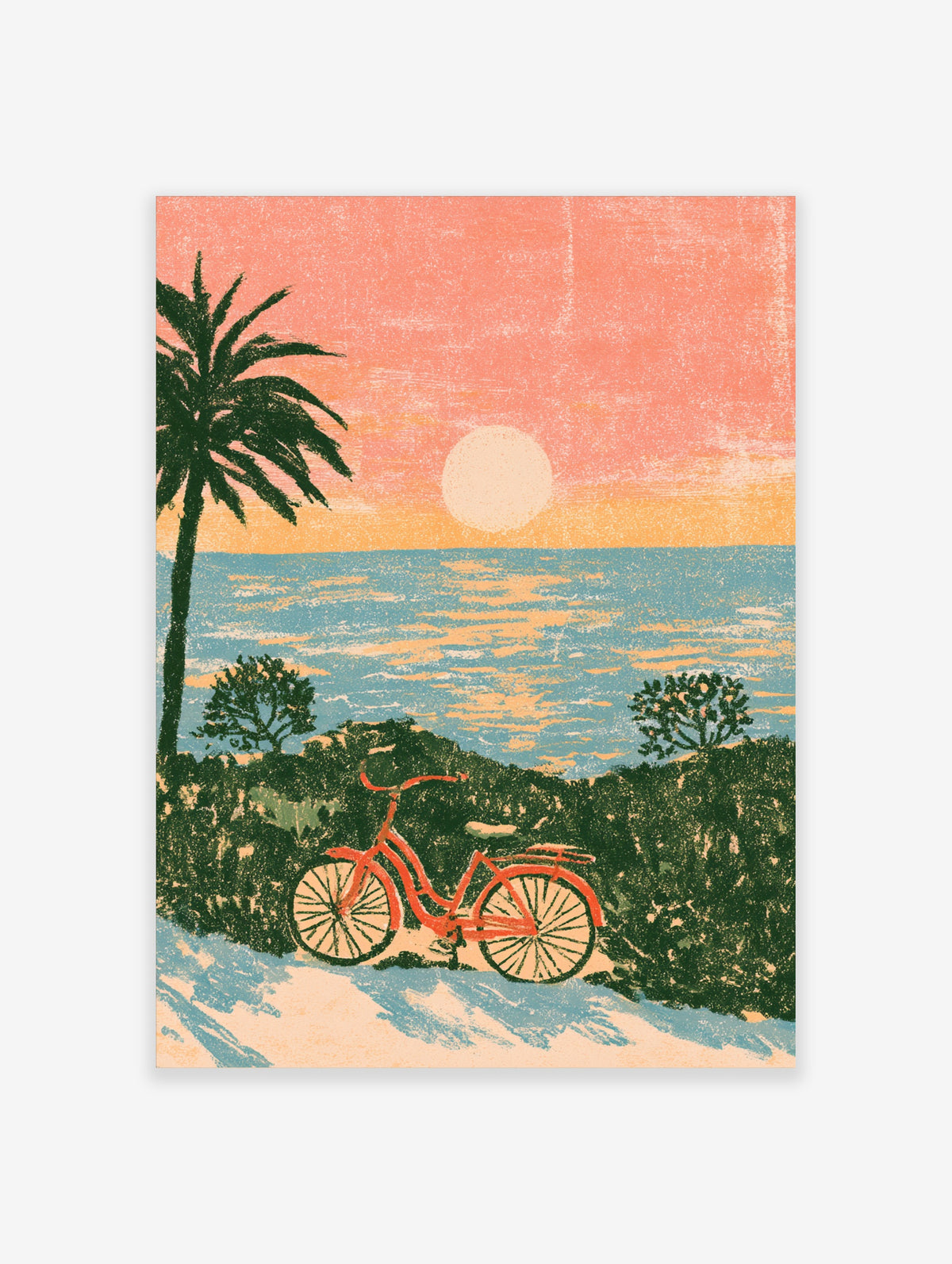 Retro coastal poster of a red bicycle on a grassy dune with palm tree and sun over the sea