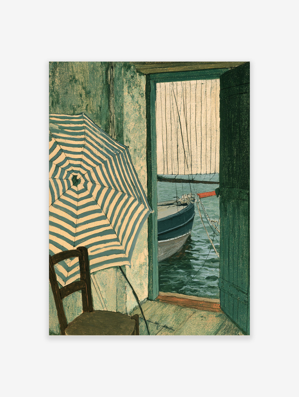 Coastal art print of striped parasol and boat seen through green doorway