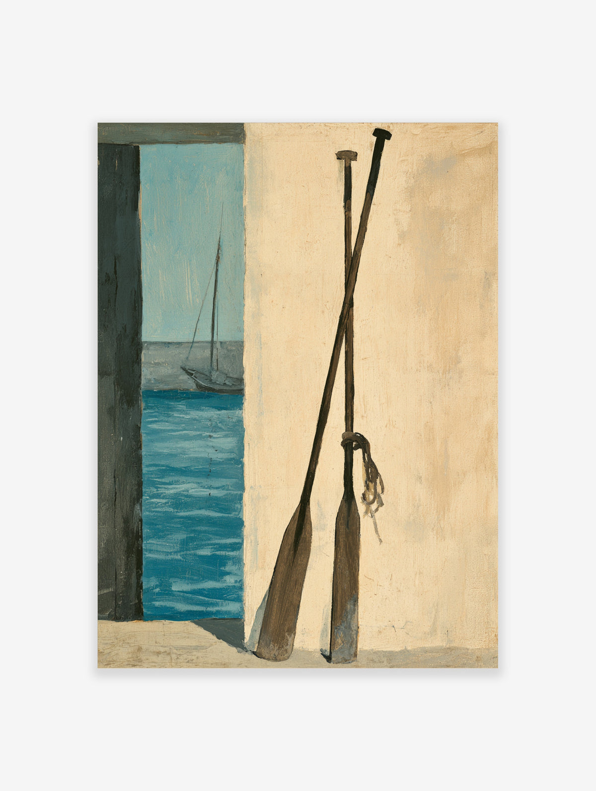 Coastal boat oars poster with crossed wooden oars against a cream wall and a blue sea view