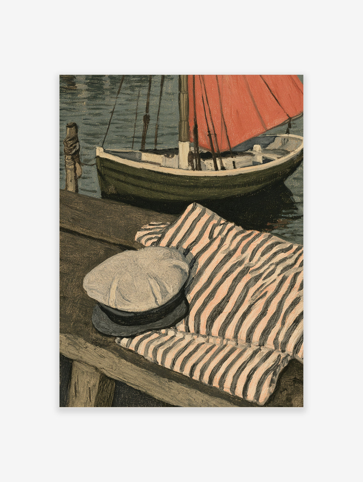 Coastal boat poster with green hull, red sail, striped cushion and white cap on wooden jetty