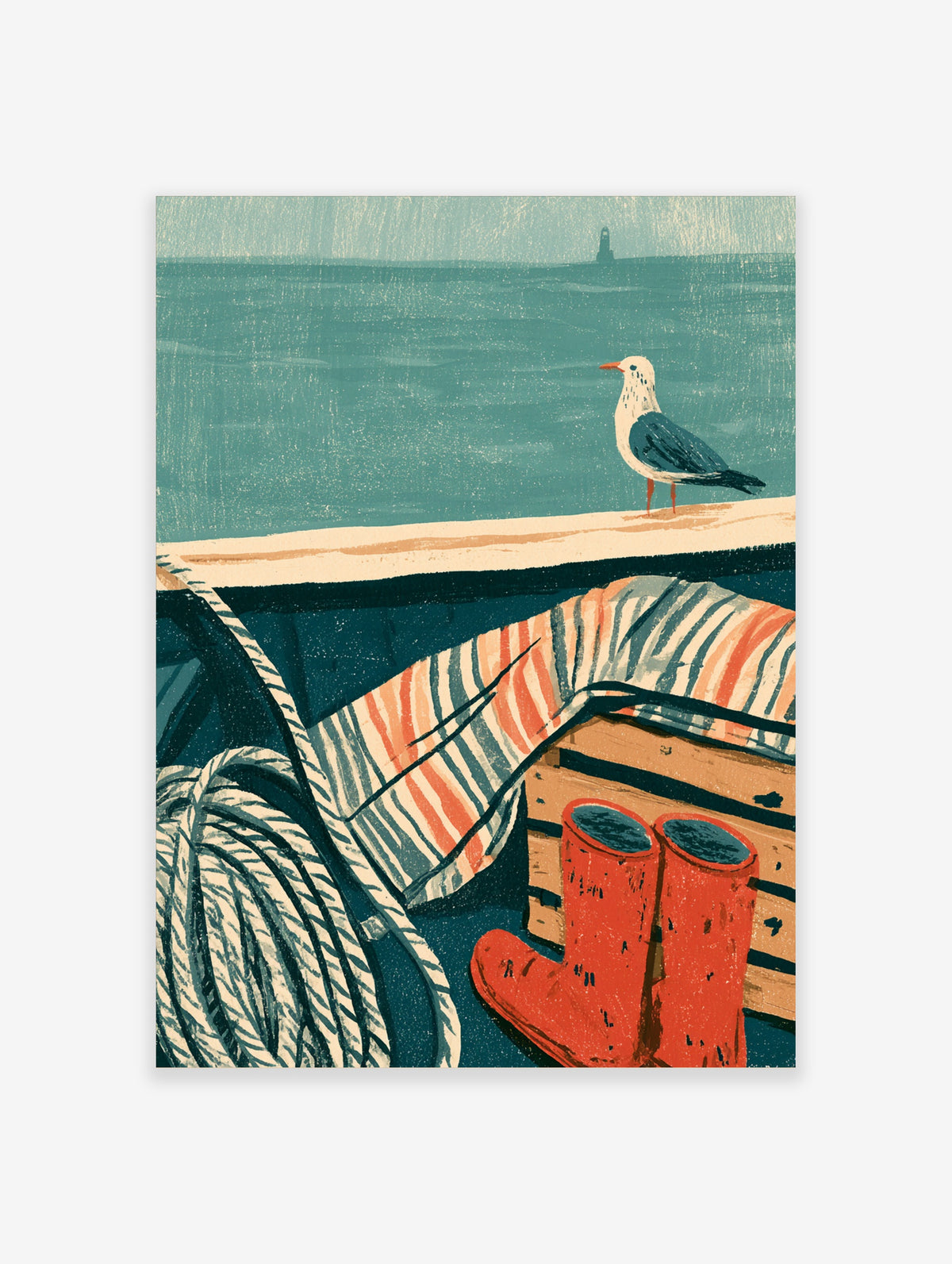Coastal boat poster with seagull on rail, coiled rope, striped life ring, red wellies, teal sea