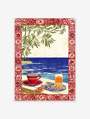 Illustrative coastal breakfast scene with coffee, croissant, orange juice, blue sea, green leaves, red border