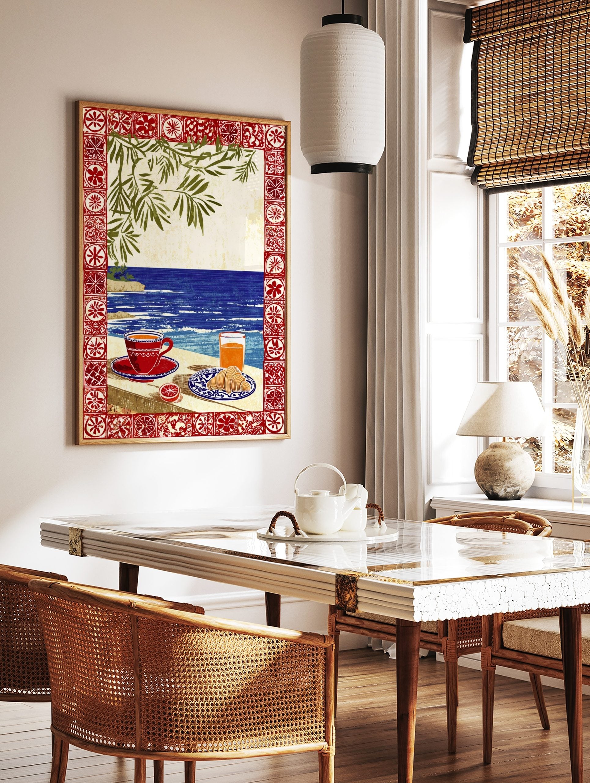 Illustrative coastal breakfast scene with coffee, croissant, orange juice, blue sea, green leaves, in a styled room mockup