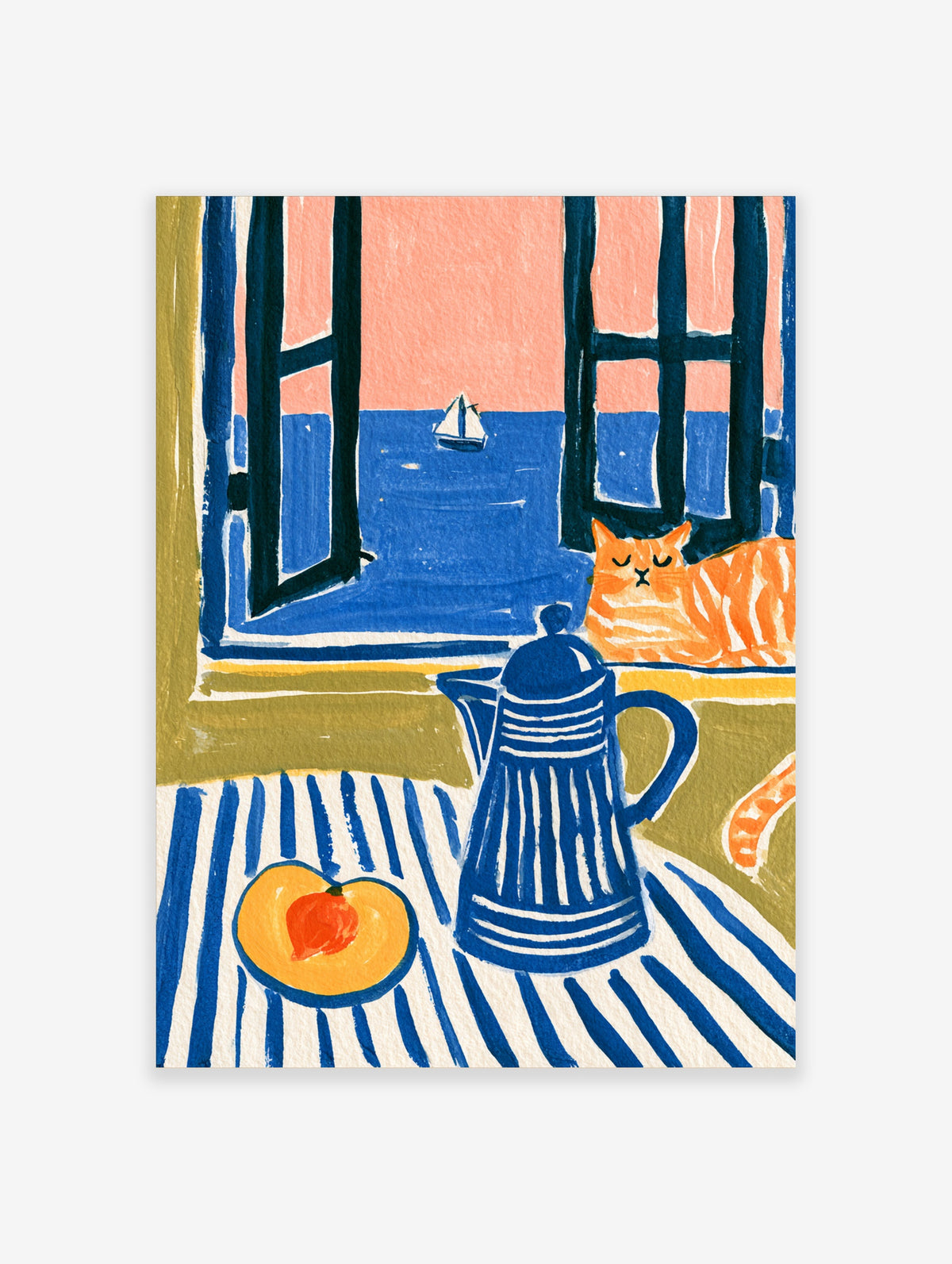 Coastal cat poster with orange tabby on windowsill, blue teapot and peach on striped cloth, sailboat on sea