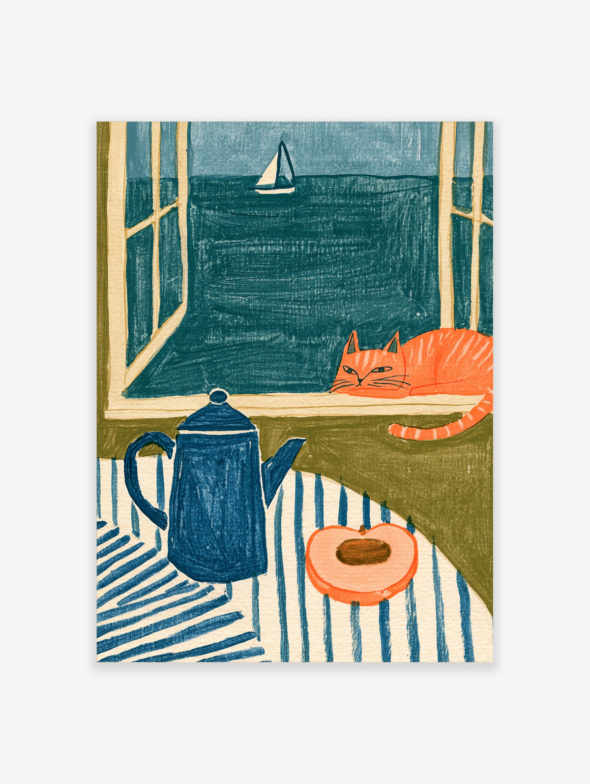 Orange tabby cat on windowsill with teal sea and sailboat, blue kettle and peach on striped cloth