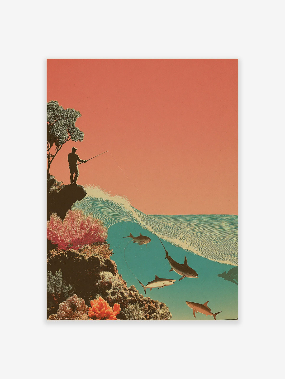 Illustrative print of a man fishing from a cliff, with a large wave and sharks in the salmon pink and teal ocean