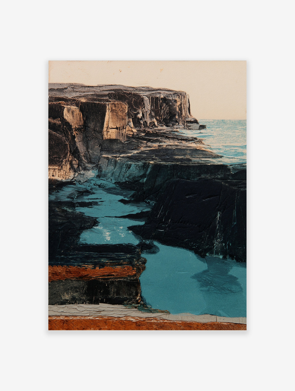 Coastal cliff wall art with dark rugged rock formations and vibrant turquoise water in an illustrative landscape style