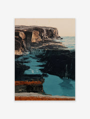 Coastal cliff wall art with dark rugged rock formations and vibrant turquoise water in an illustrative landscape style