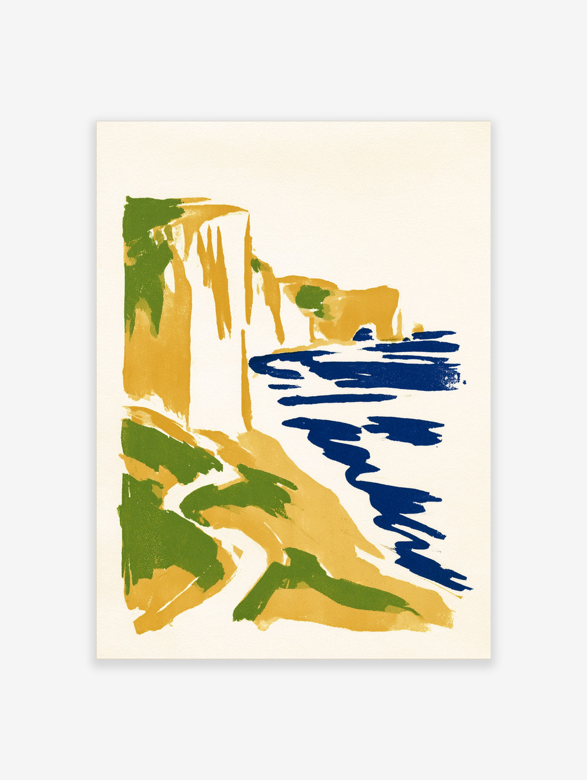 Coastal cliffs poster with yellow rock face, green foliage, and deep blue sea strokes on cream background