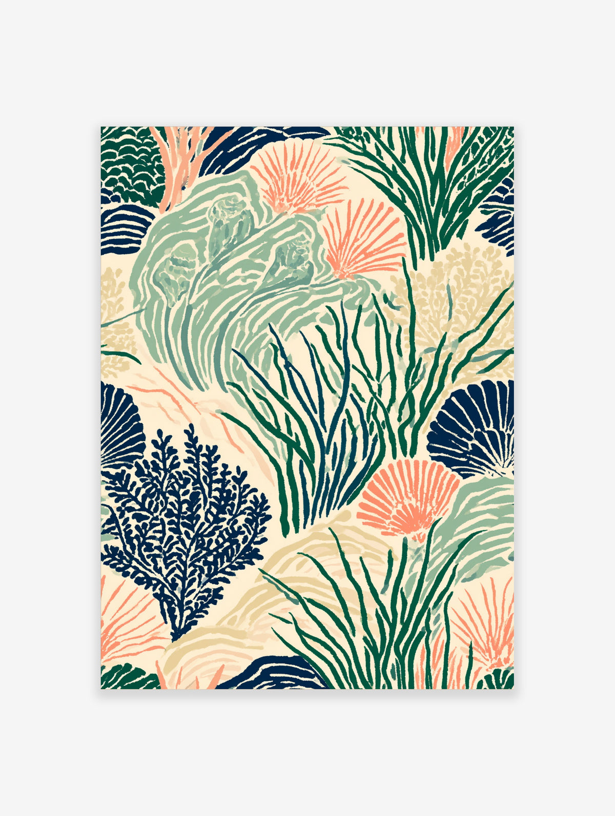 Coastal coral and seaweed poster with green, navy and peach ocean botanicals on cream ground