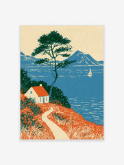 Coastal cottage wall art with red roof house, pine tree, and sailboat on blue sea landscape illustration