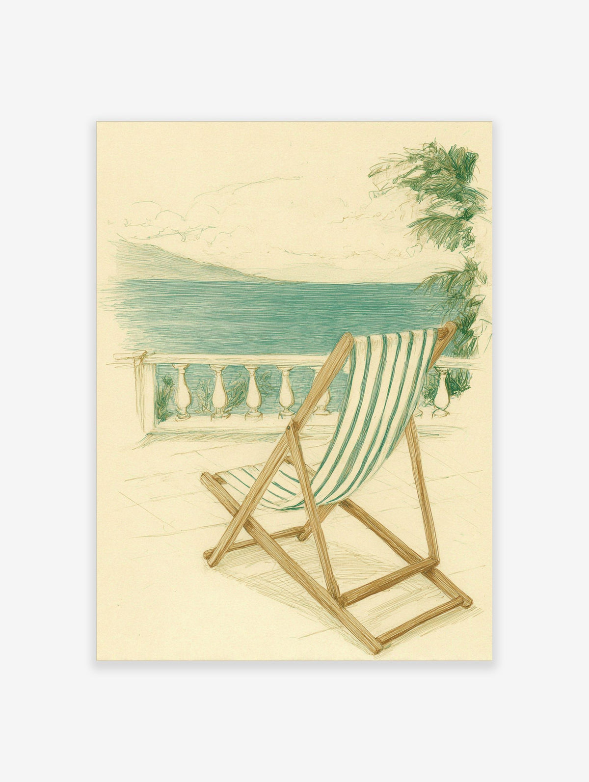 Illustrative print of green and white striped deckchair on balcony overlooking blue sea and distant land
