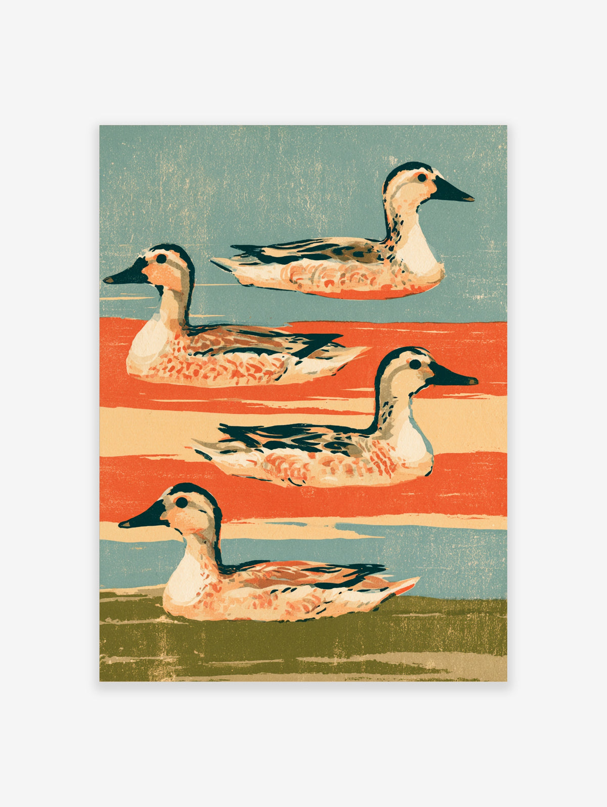 Vintage style duck art print with four swimming ducks in cream, orange and teal bands