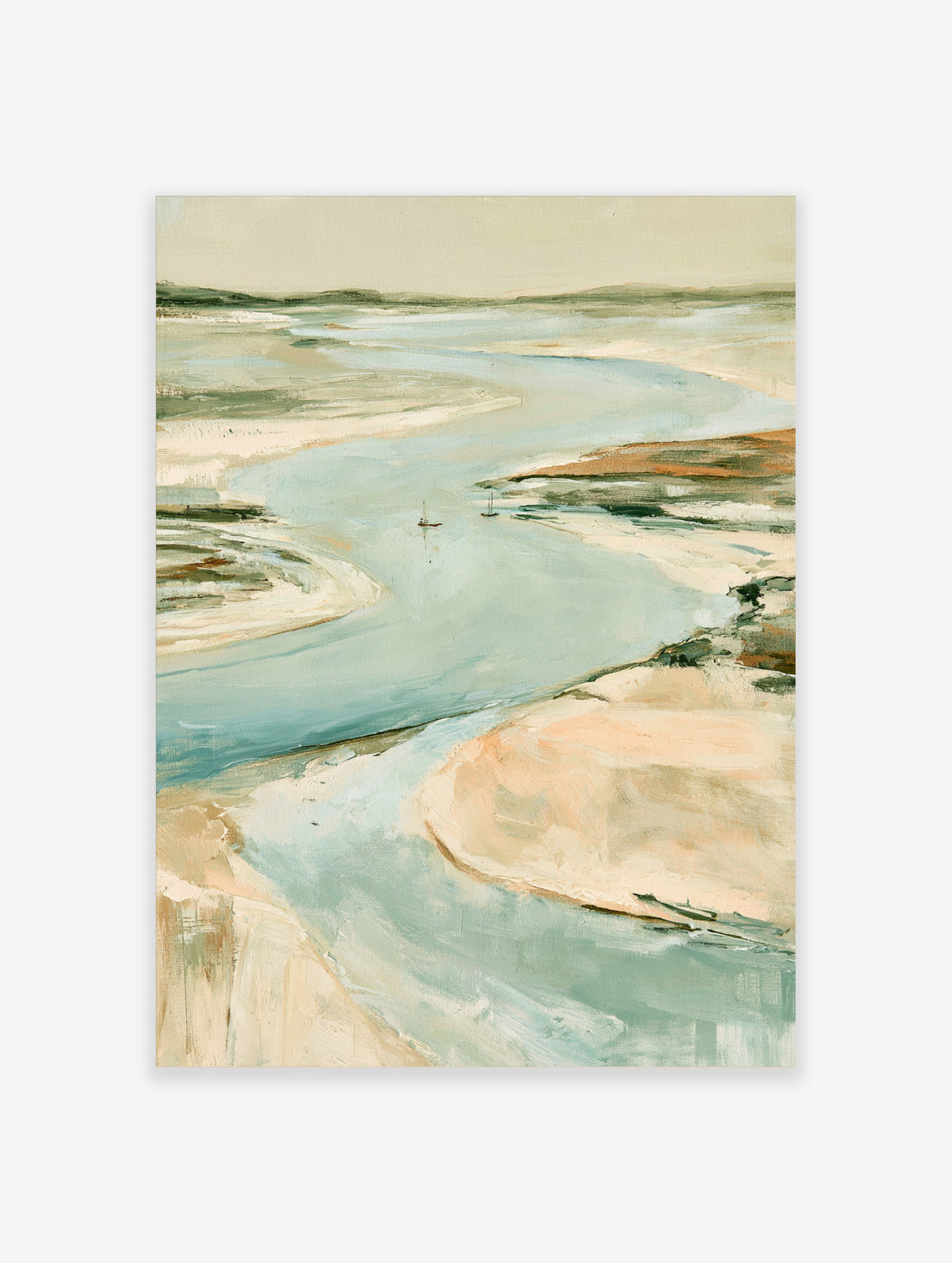 Coastal estuary landscape poster with blue water channel, sandbanks, and two sailboats