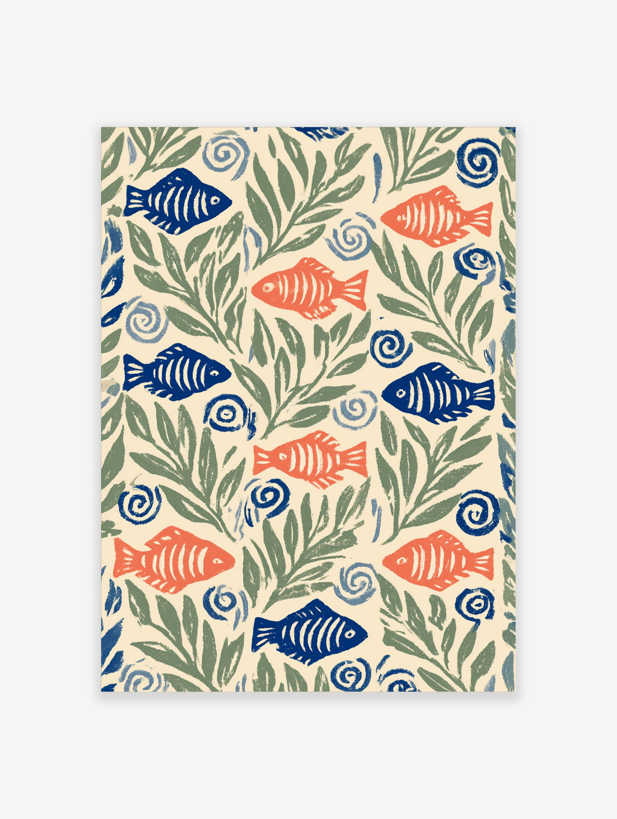 Blue and coral block-print fish with green seaweed and blue swirls on cream coastal pattern art print