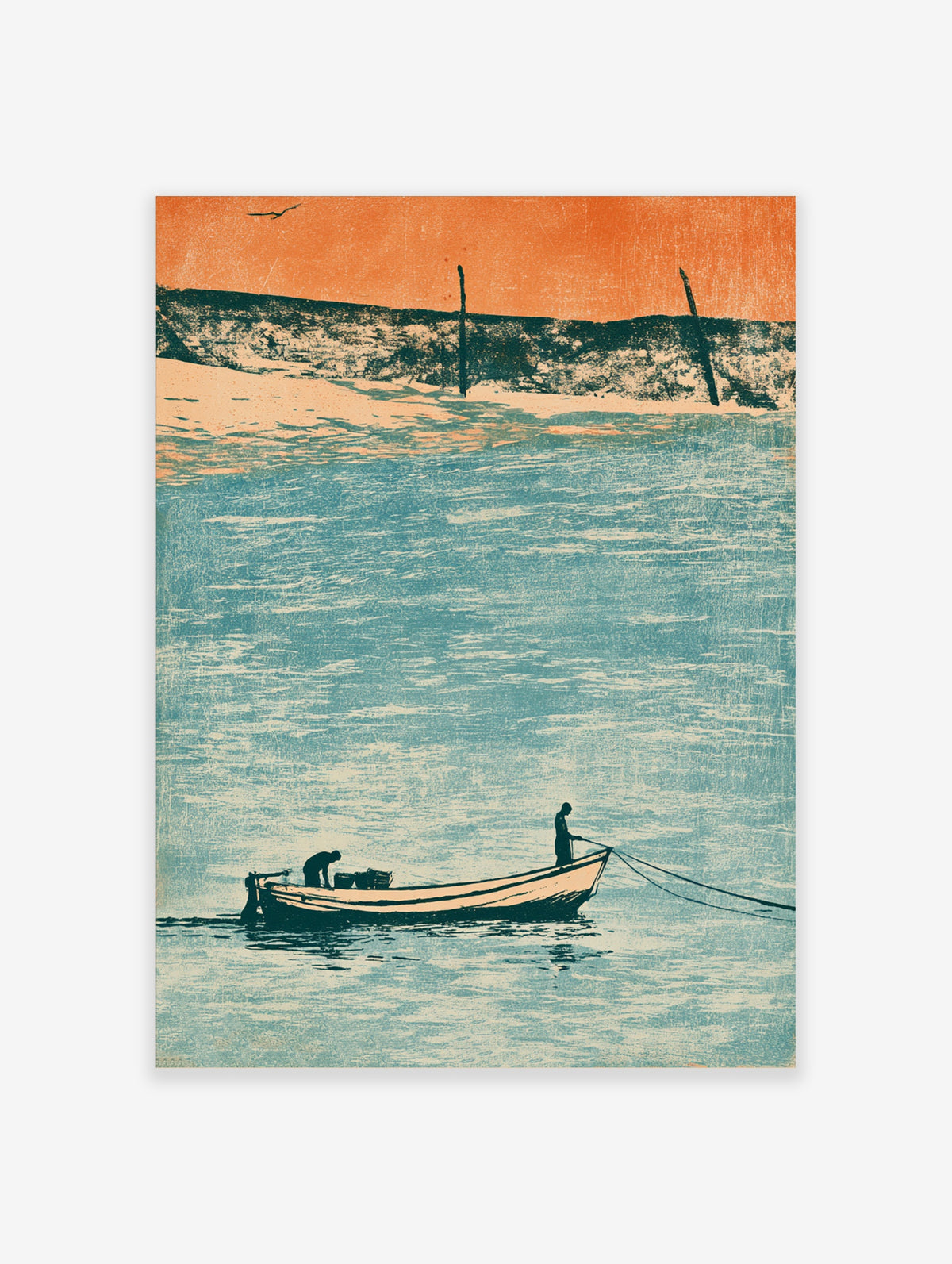 Coastal fishing boat poster with two figures in a wooden boat on teal water under an orange sky