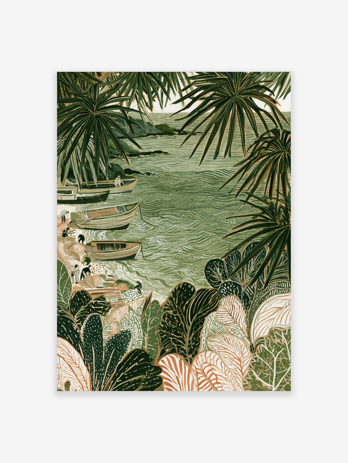 Coastal fishing boats on sand surrounded by large tropical palm leaves in a green illustrative art print