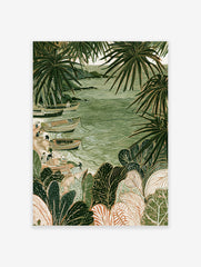 Coastal fishing boats on sand surrounded by large tropical palm leaves in a green illustrative art print